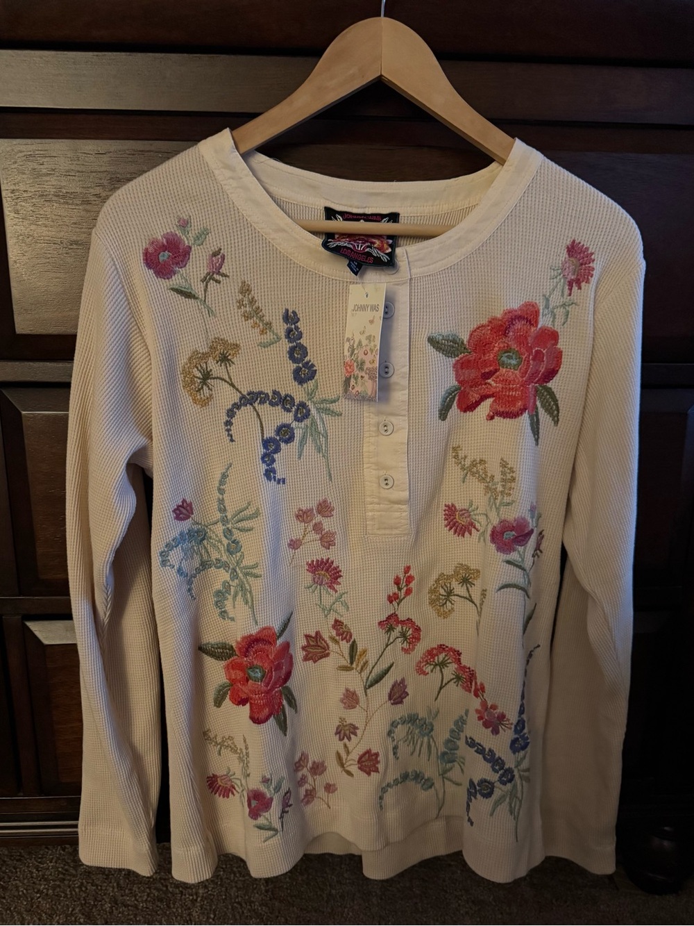 Johnny Was Cream Floral Embroidered Henley top